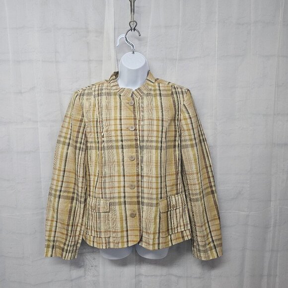 Vintage Charter Club Olive Green Plaid Metallic Linen Blend Preppy Blazer 16 - Picture 1 of 13